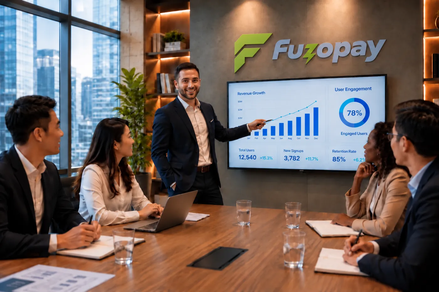 Fuzopay leadership in a boardroom review